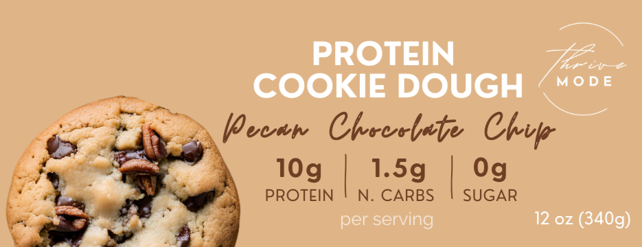 Protein cookie dough packaging with a cookie and nutritional information on a beige background
