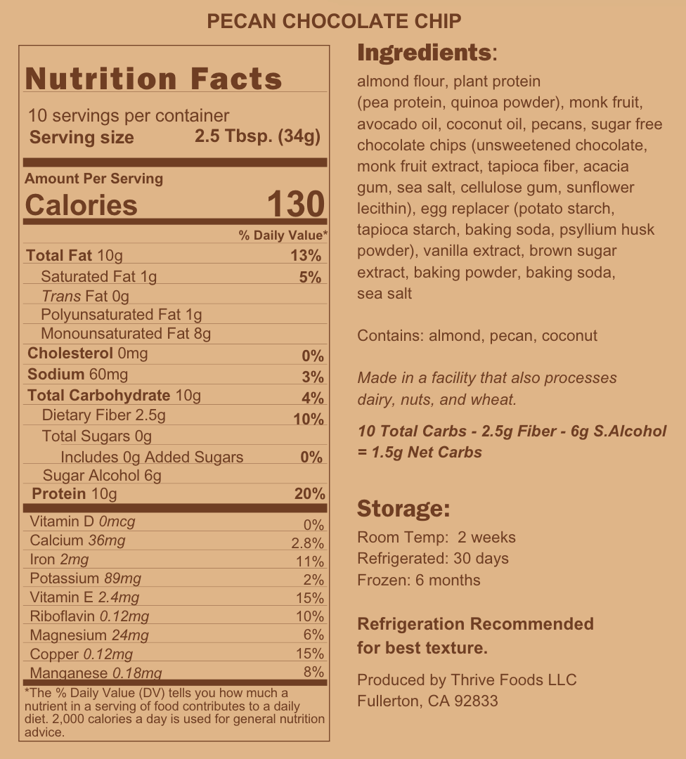 Nutrition facts and ingredients label for a pecan chocolate chip product.