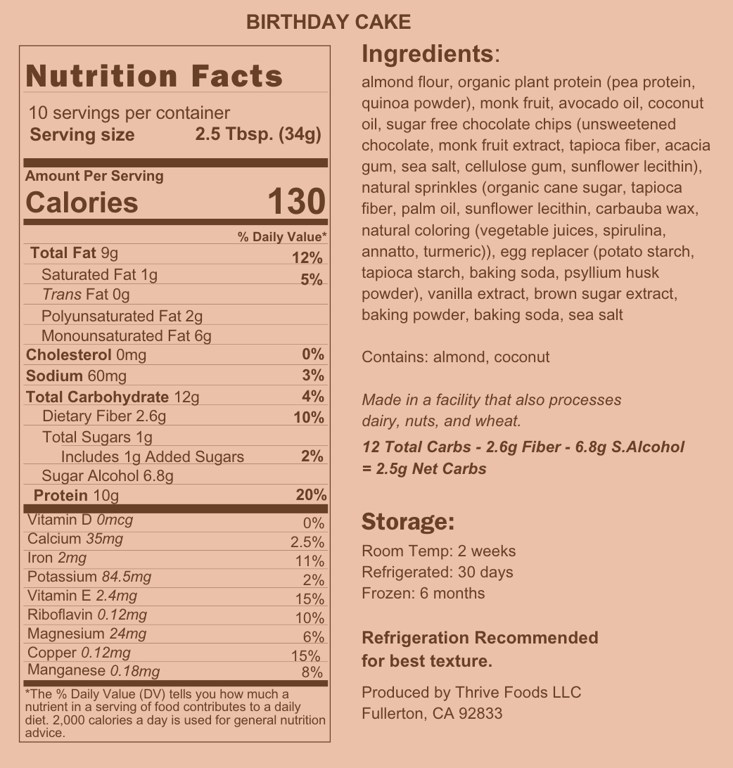 Nutrition facts and ingredients label for a birthday cake product.